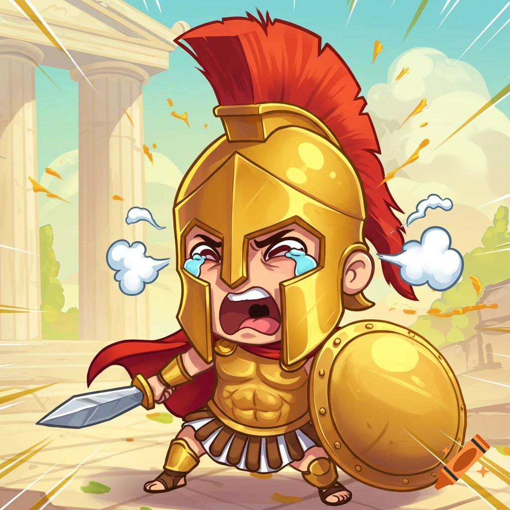 A crying chibi Spartan warrior in golden armor and red cape, holding a sword and shield, screams in front of ancient Greek columns.