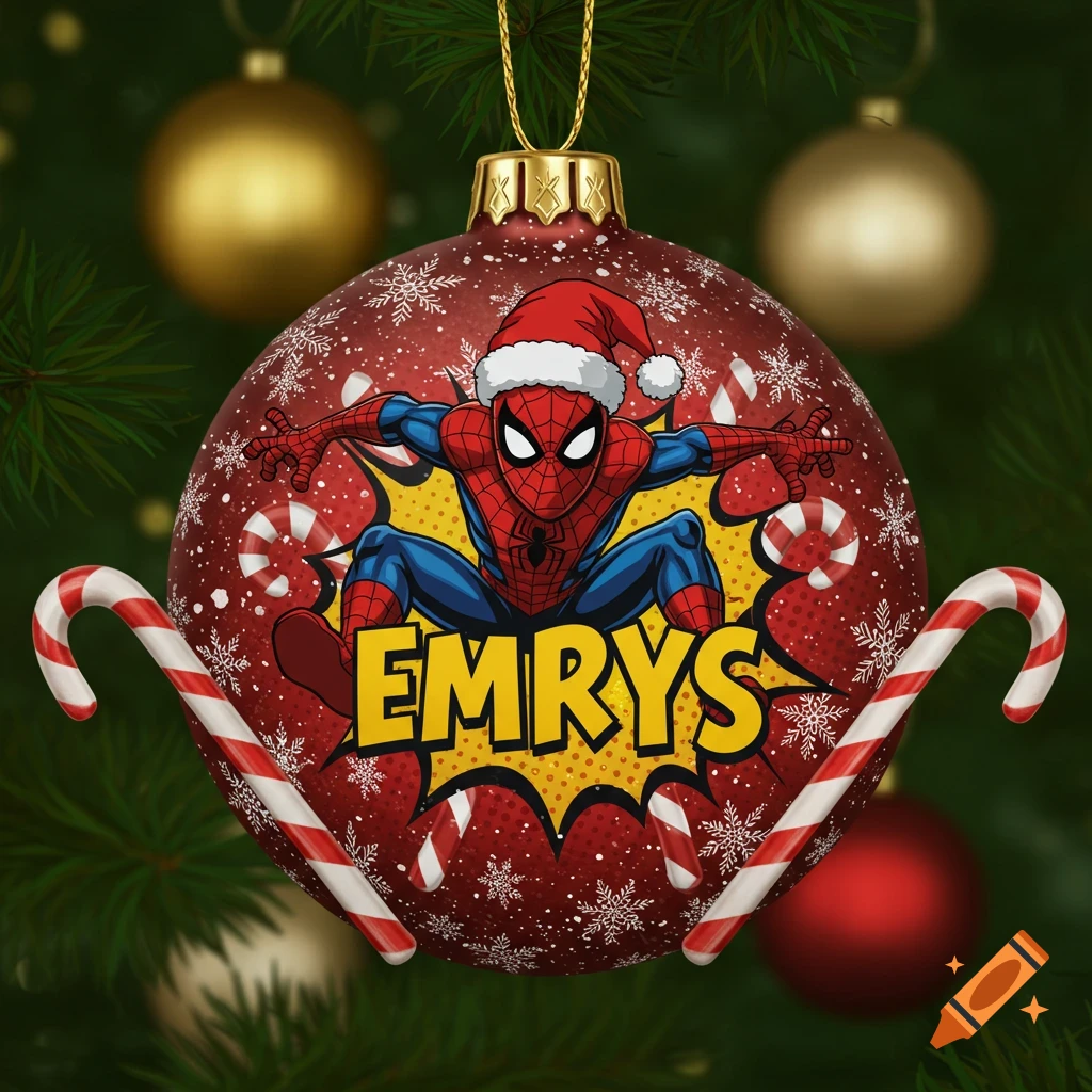 A red Christmas ornament featuring Spider-Man in a Santa hat, candy canes, snowflakes, and the name Emrys, hanging from a Christmas tree.