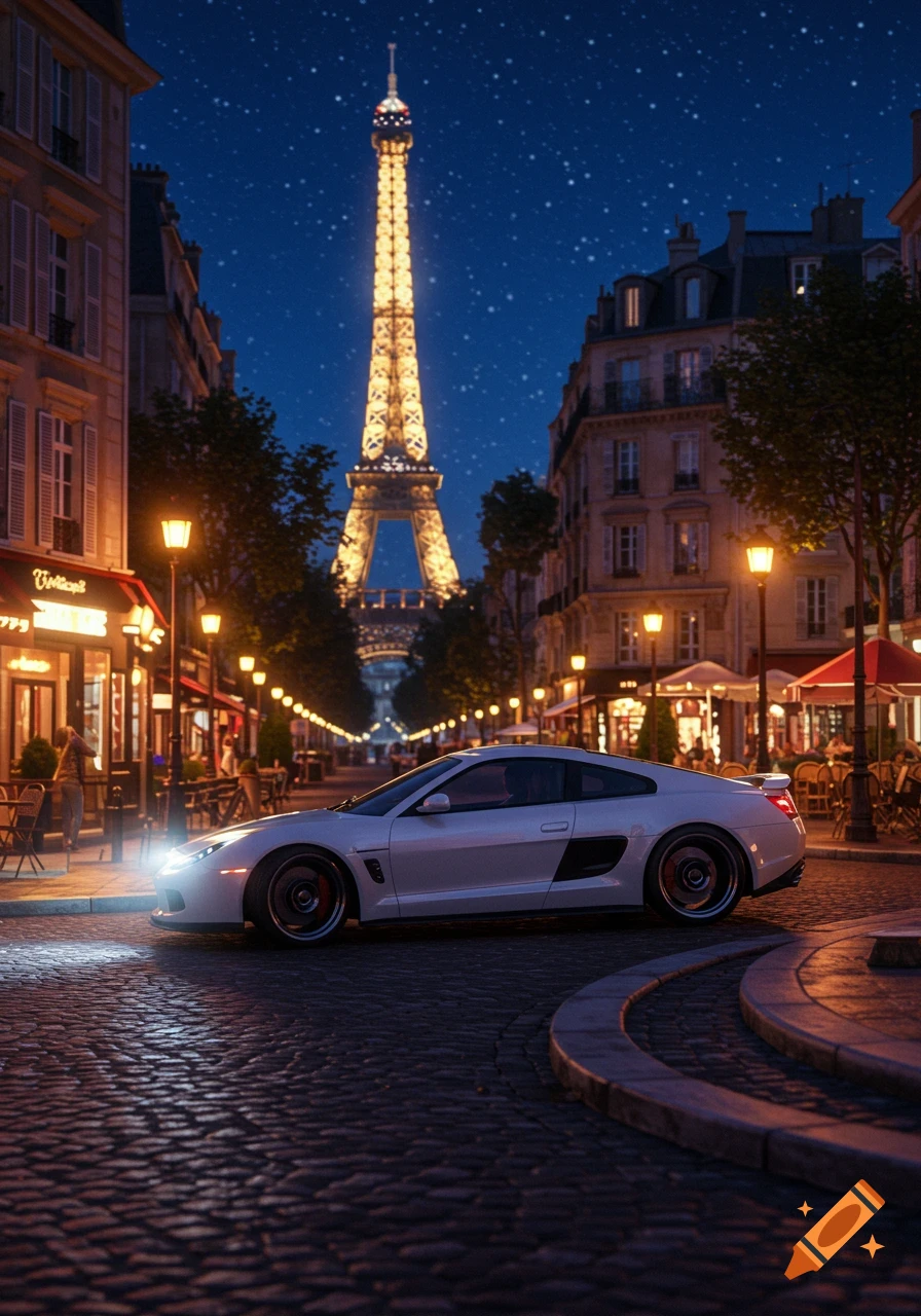 A white sports car drives down a cobbled street in Paris at night, illuminated by streetlights, with the glowing Eiffel Tower in the background.