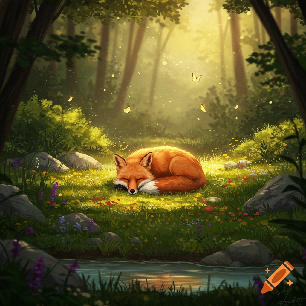 A serene red fox sleeps curled up in a sunlit forest clearing filled with colorful wildflowers, a gentle stream, and glowing butterflies.