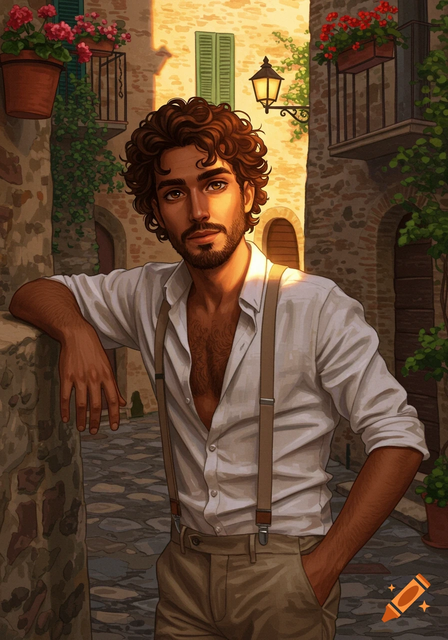 A digitally illustrated man with curly brown hair and a beard, wearing an unbuttoned white shirt and suspenders, leaning against a stone wall in a sunny European alley.