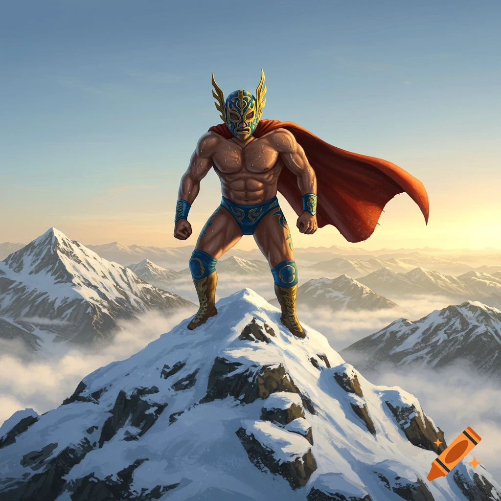 A muscular Mexican masked wrestler in a blue and gold costume and red cape stands triumphantly on a snowy mountain peak at sunrise.