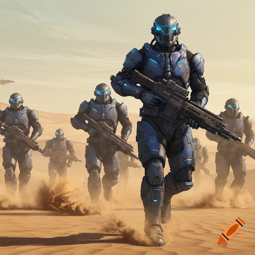 A sci-fi military assault team in blue and gray tactical armor runs through a dusty desert, carrying heavy guns.
