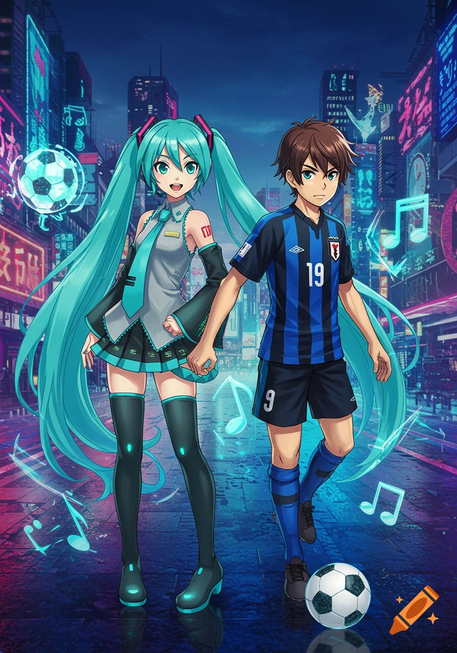 A vibrant anime illustration of Hatsune Miku and a boy in a blue soccer uniform, standing in a neon-lit futuristic city.