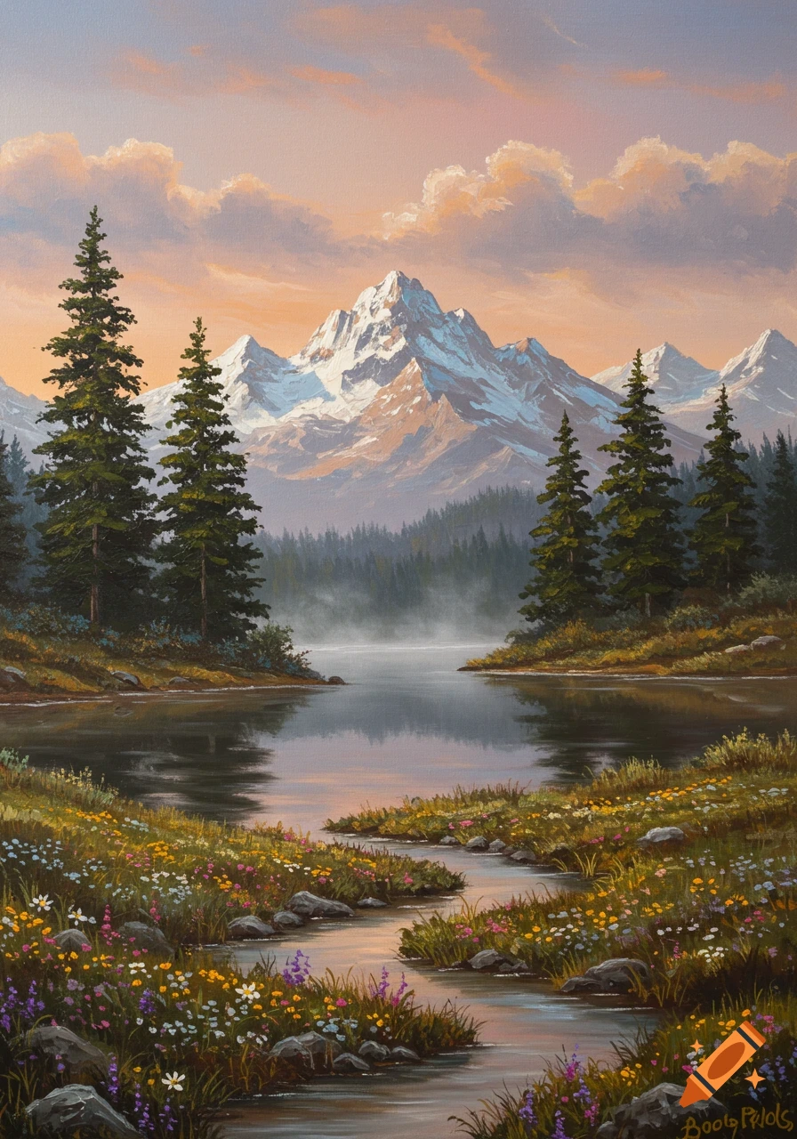 Pixel art of a mountain landscape with a snowy peak, green forests