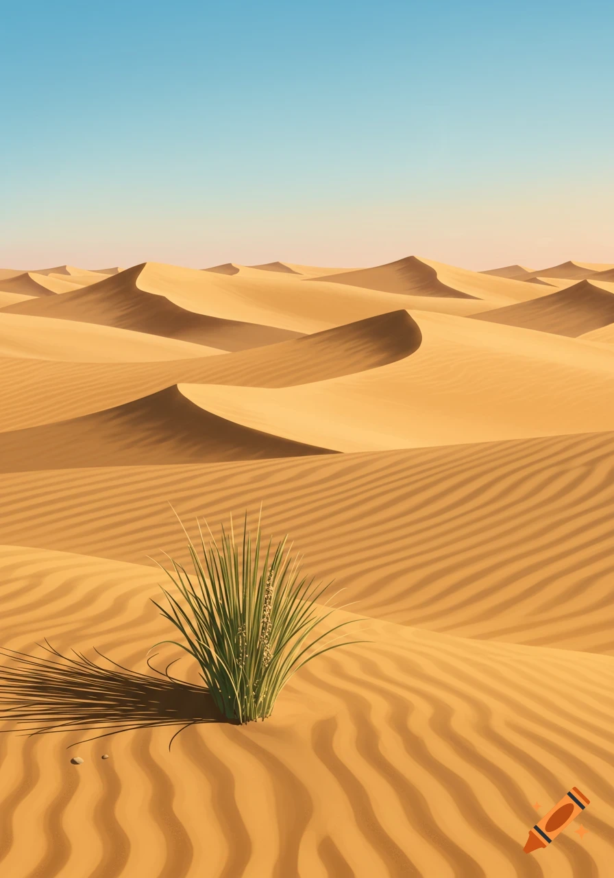 Vast desert landscape with rolling sand dunes under a clear blue sky, a green desert bush in the foreground casting a long shadow.