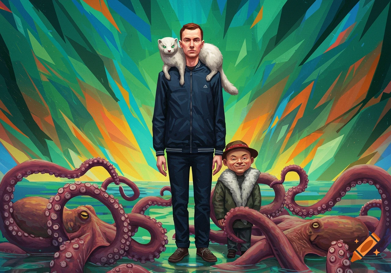 A man with a ferret on his shoulders and a smiling small person stand amidst octopuses in water. Vibrant, geometric art style.