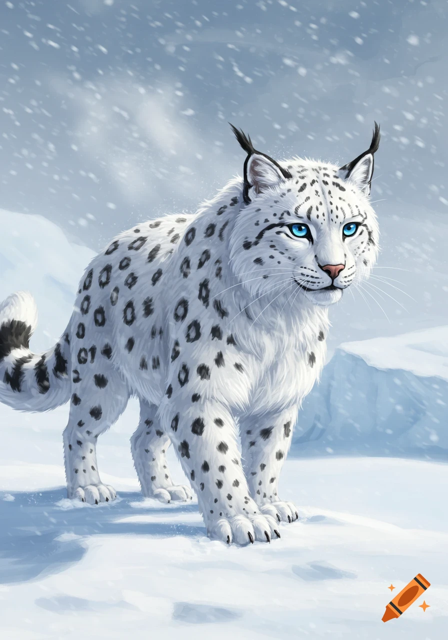 Digital painting of a snow leopard-like creature with blue eyes and spotted white fur standing in a snowy landscape.