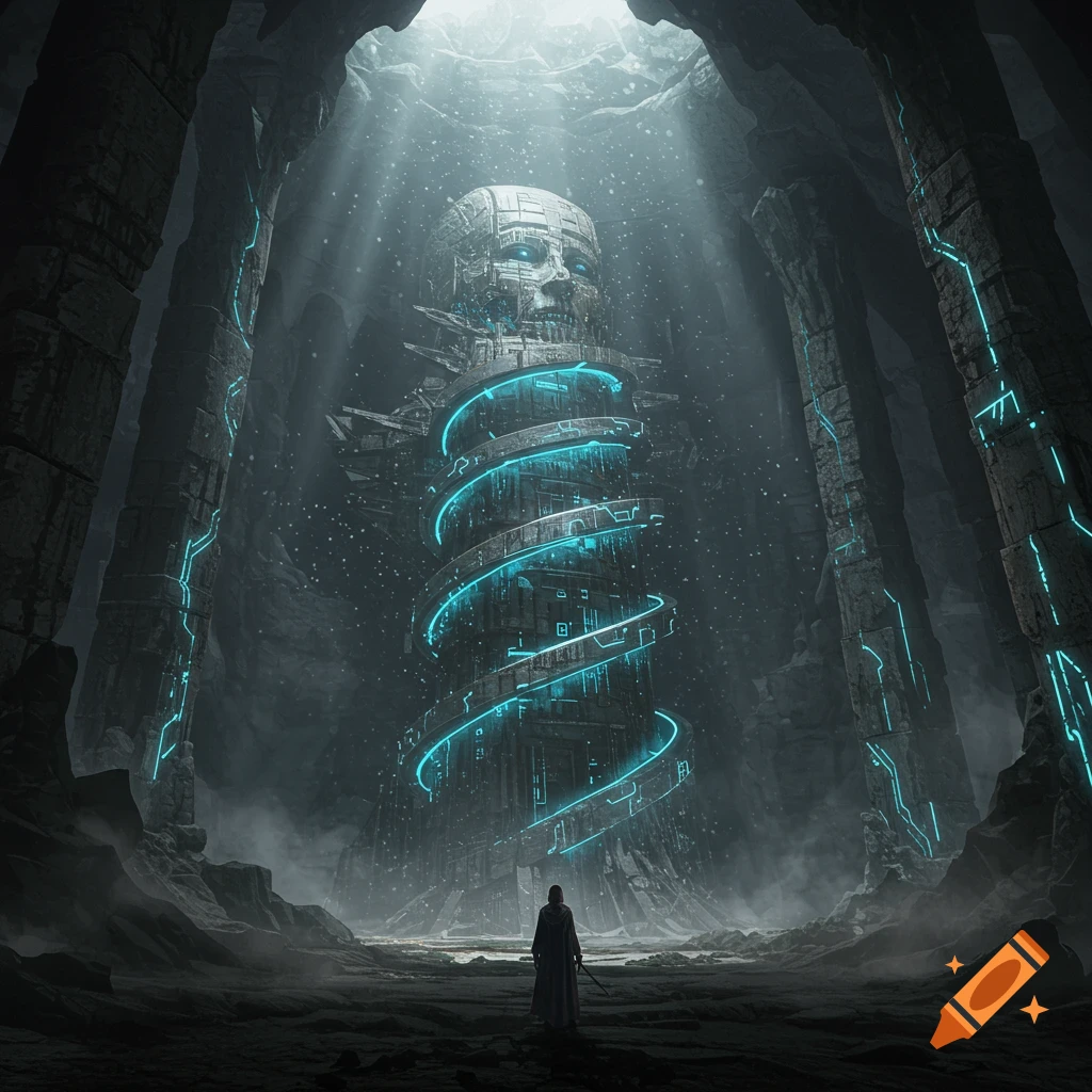A robed figure views a colossal, ancient AI head adorned with glowing blue circuits inside a massive, dark cavern with pillars and a light beam.
