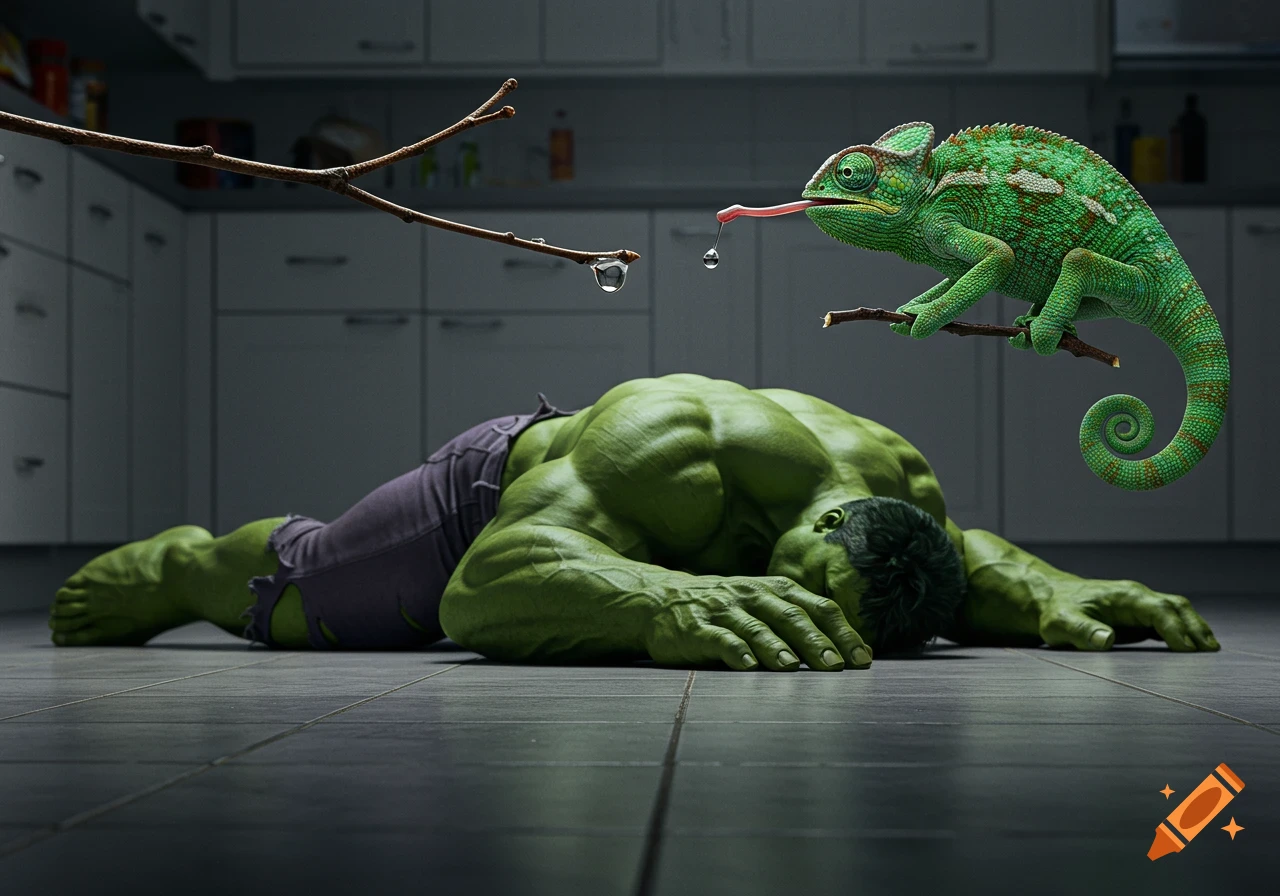 Unconscious Hulk on a kitchen floor as a green chameleon reaches with its long tongue for water drops on a branch.