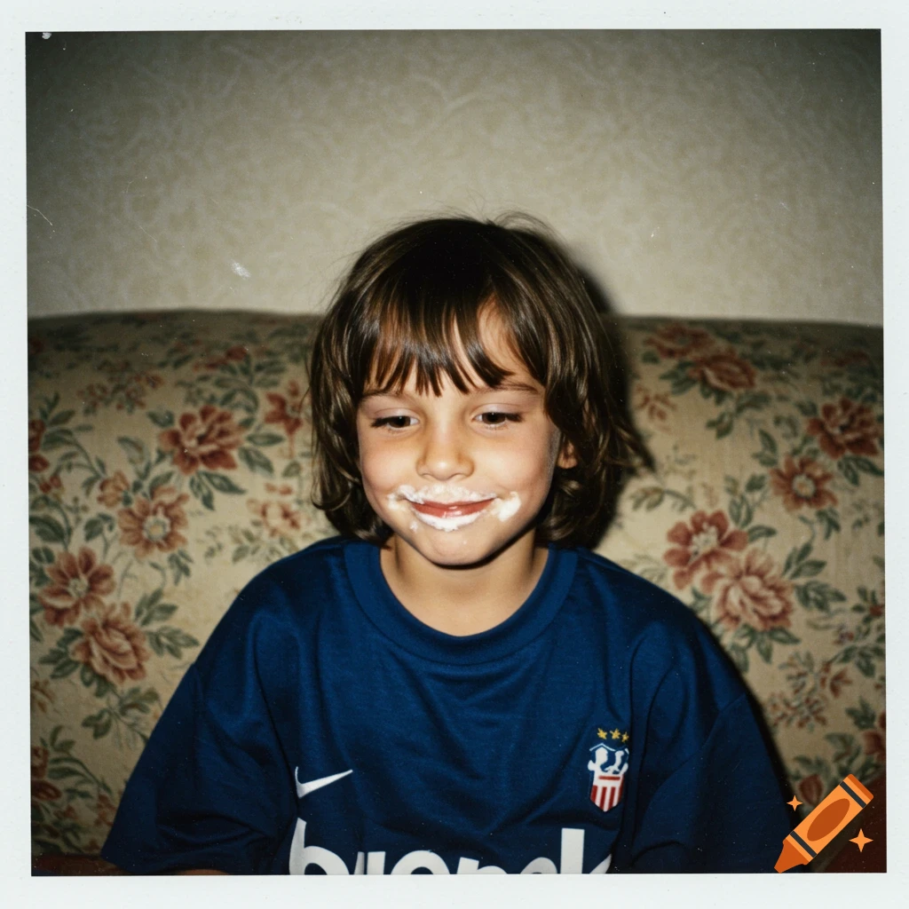 A close-up Polaroid photo of a smiling young boy with shoulder-length brown hair, wearing an oversized blue soccer jersey, with white cream around his mouth.