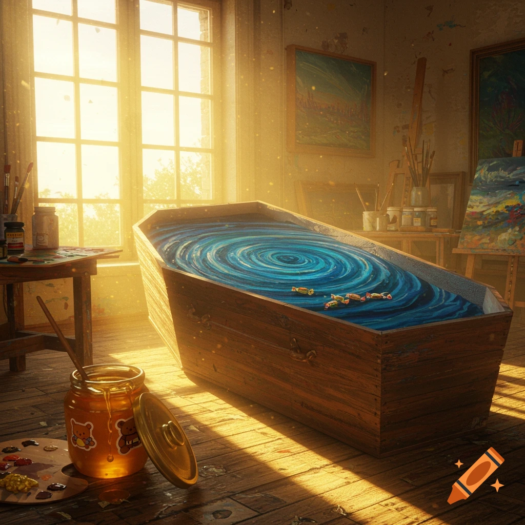 A sunlit art studio with a wooden coffin containing a swirling blue painting and small candies. A honey jar with bear stickers sits on the floor next to a paint palette.