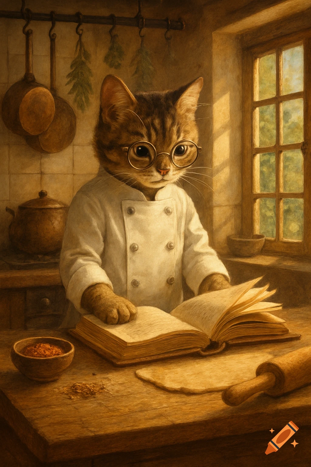 A tabby cat in chef's whites and glasses reads a cookbook in a rustic kitchen, with a rolling pin and spices on the counter.