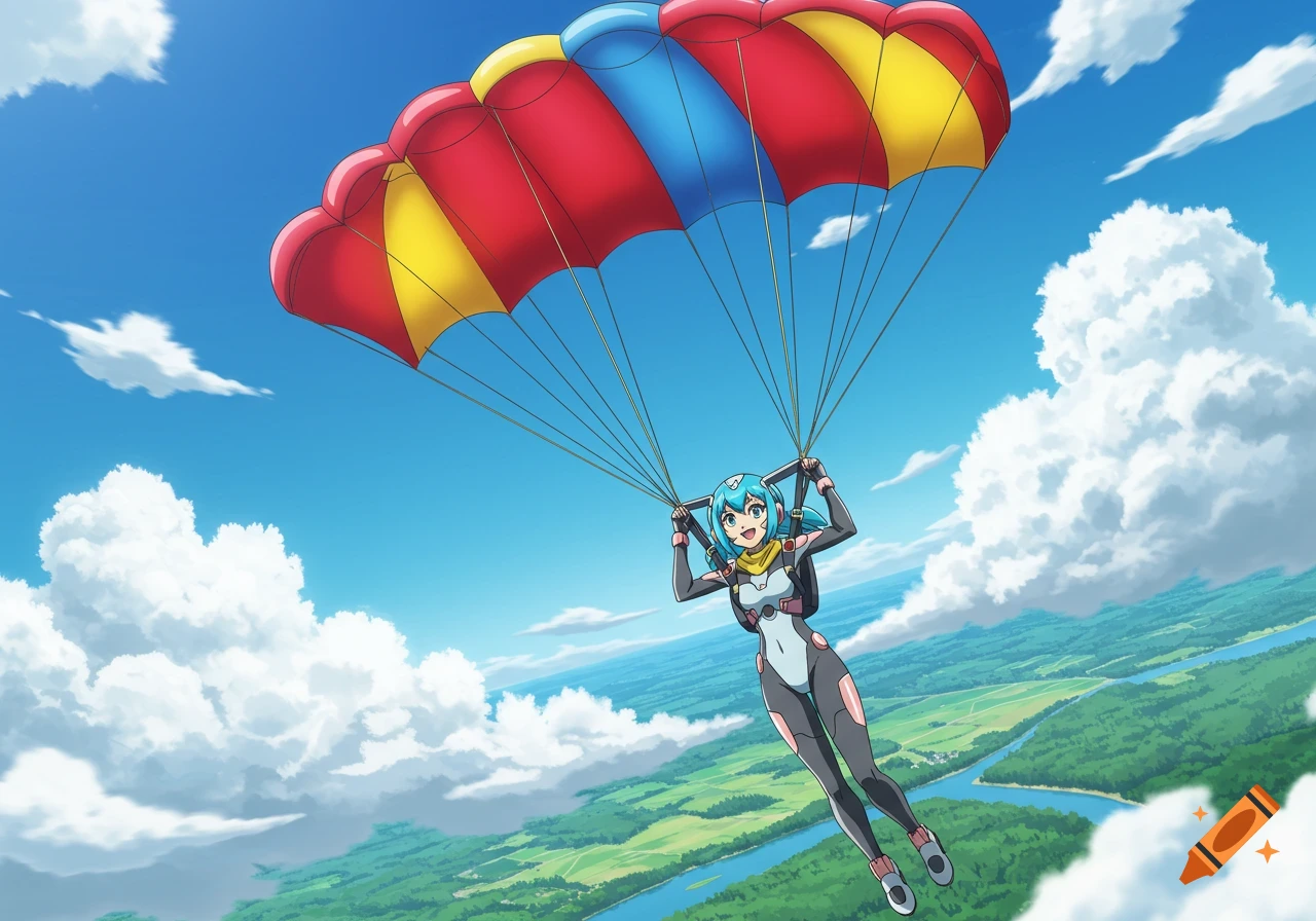 An anime girl with blue hair in a grey and pink jumpsuit parachutes under a colorful parachute over a green landscape with rivers.
