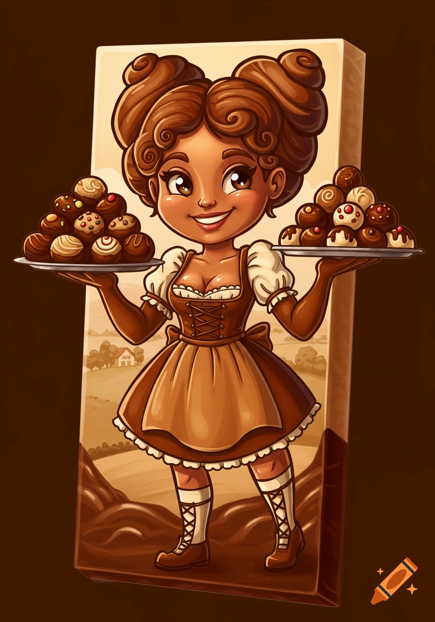 A smiling cartoon Bavarian serving girl in a brown dress holds two trays piled high with chocolates, standing in front of a giant chocolate bar with a landscape carved into it.