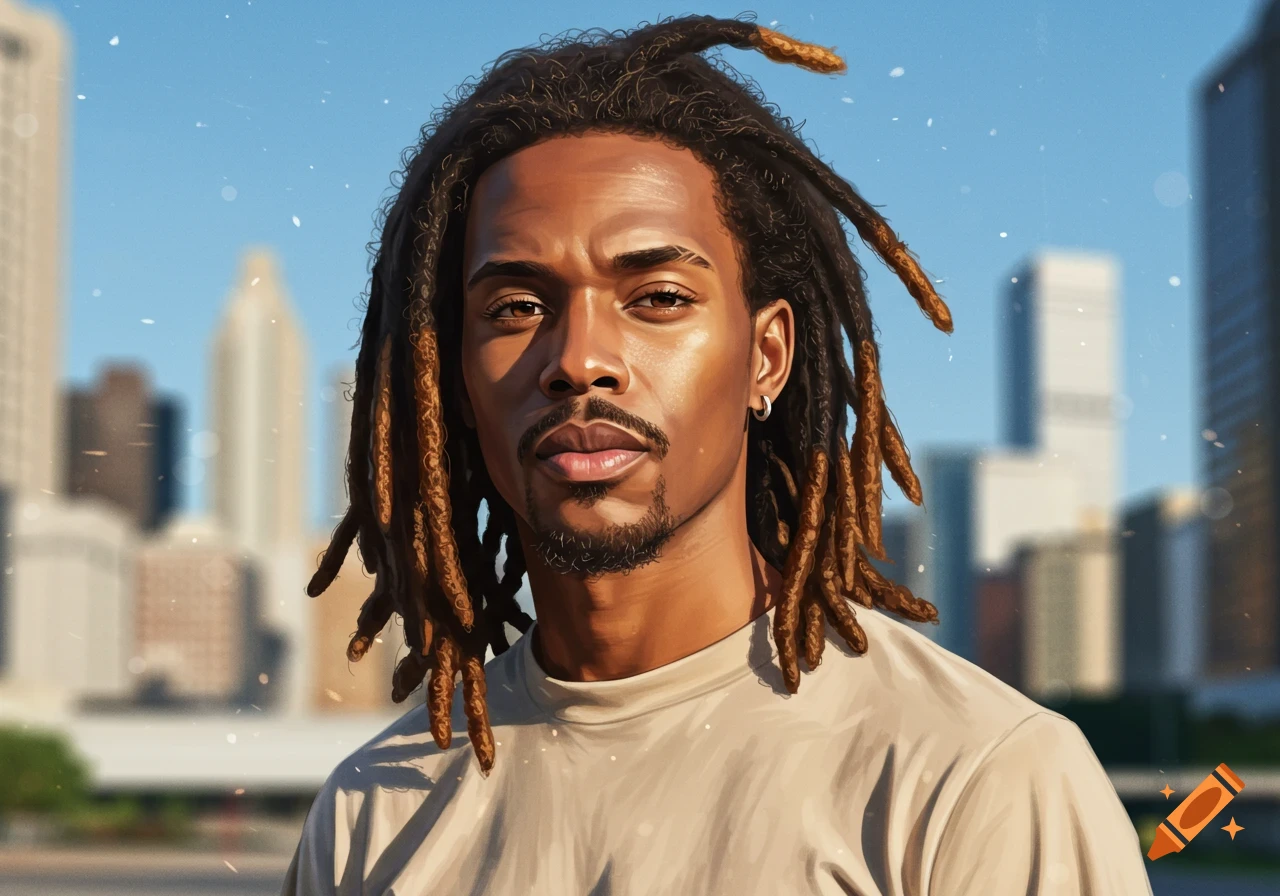 Photorealistic illustration of a man with dreadlocks, goatee, and an earring, looking forward against a blurred city skyline.