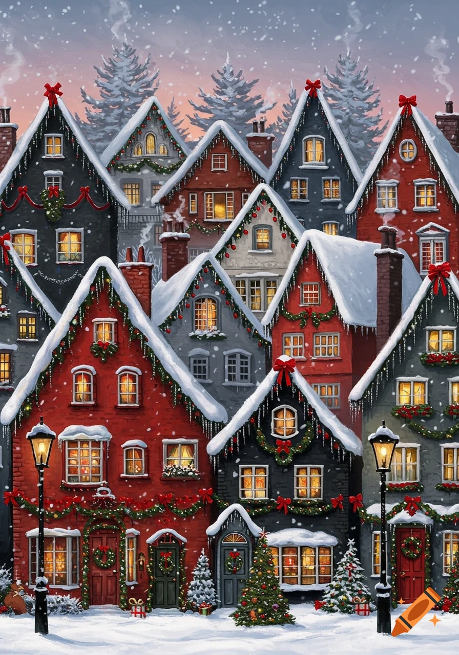 An illustration of a snowy village with numerous pointed houses decorated for Christmas with red bows, garlands, and lights, under a twilight sky.