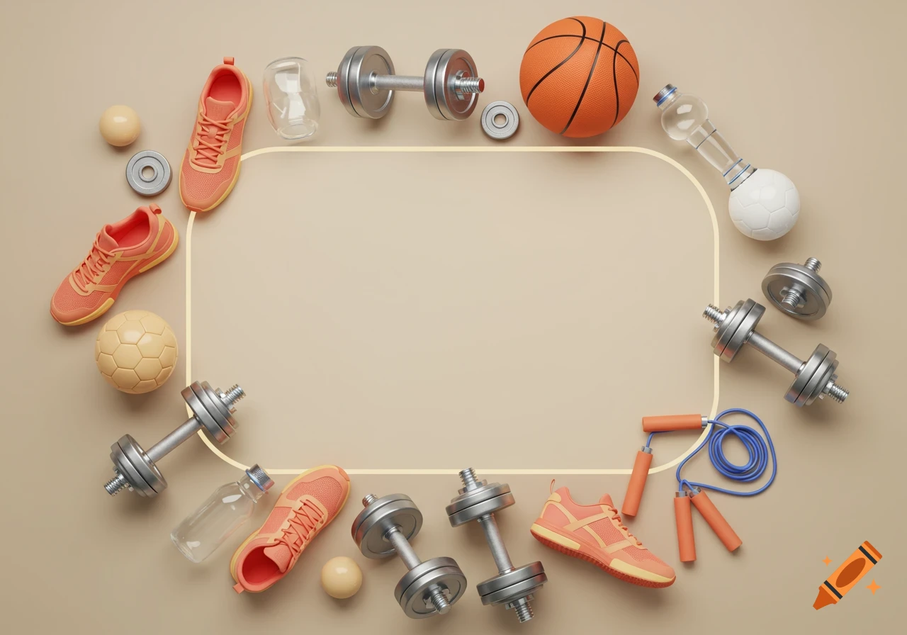 Sports equipment including dumbbells, sneakers, and balls arranged around a rectangular empty frame on a beige background.