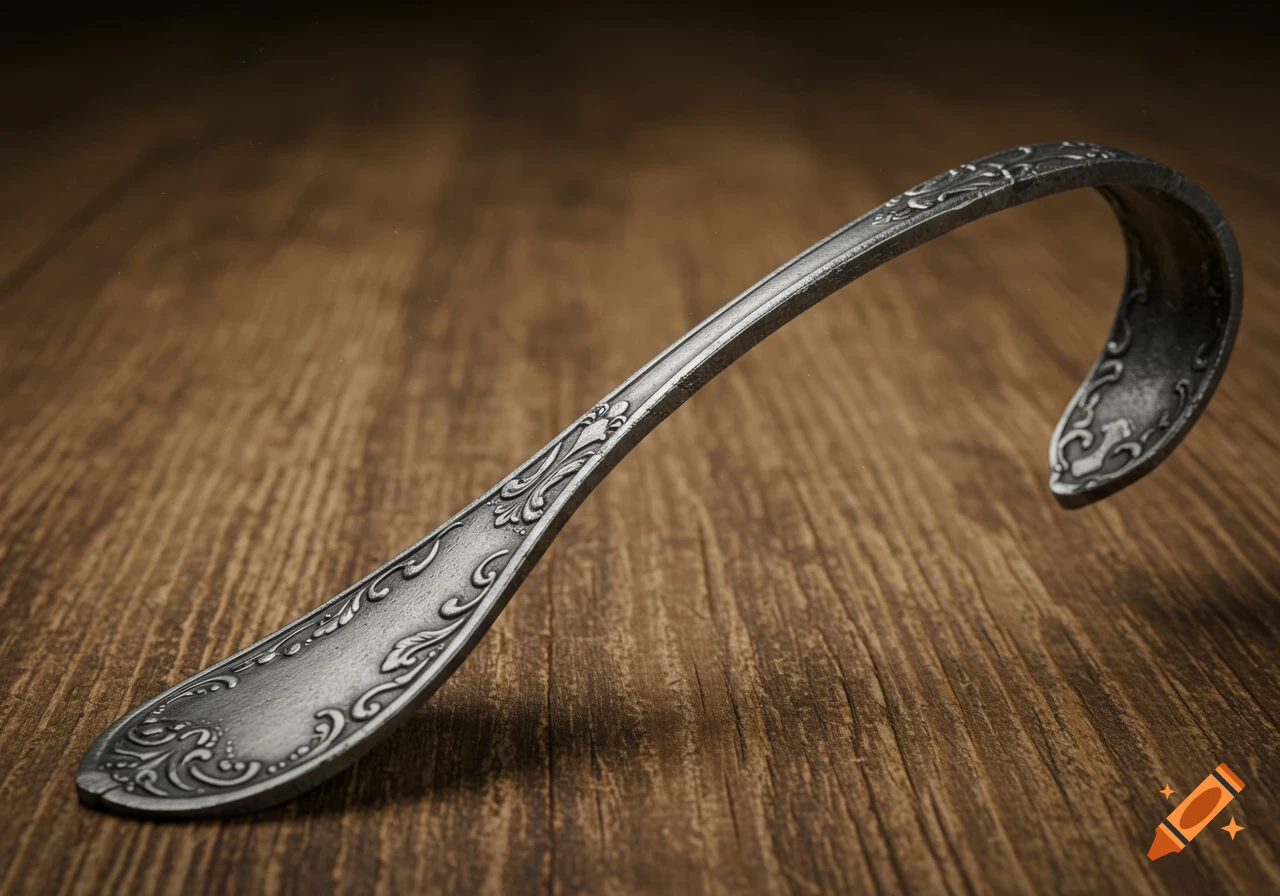 An ornate, dark metal spoon with a bent handle, resting on a textured wooden table.