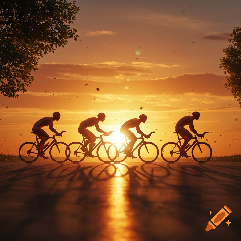 Four cyclists ride bikes in silhouette against a vibrant orange and yellow sunset, with long reflections on the road.