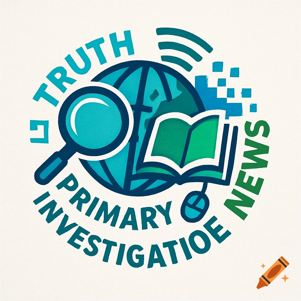 A logo for fake news education featuring a globe, magnifying glass, open book, and digital signals with text 'TRUTH PRIMARY INVESTIGATIOE NEWS'.