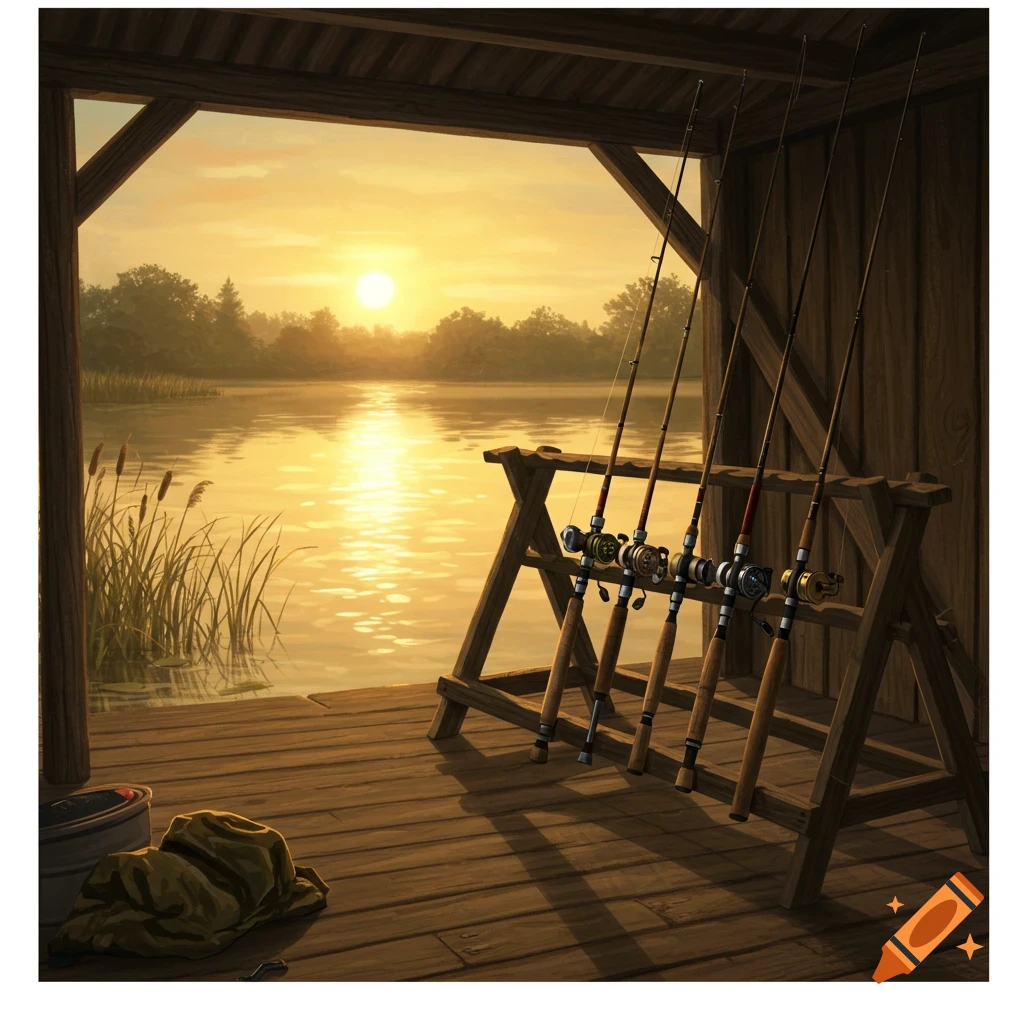 Fishing rods stand on a wooden rack on a dock, overlooking a calm lake at sunset with golden light reflecting on the water.