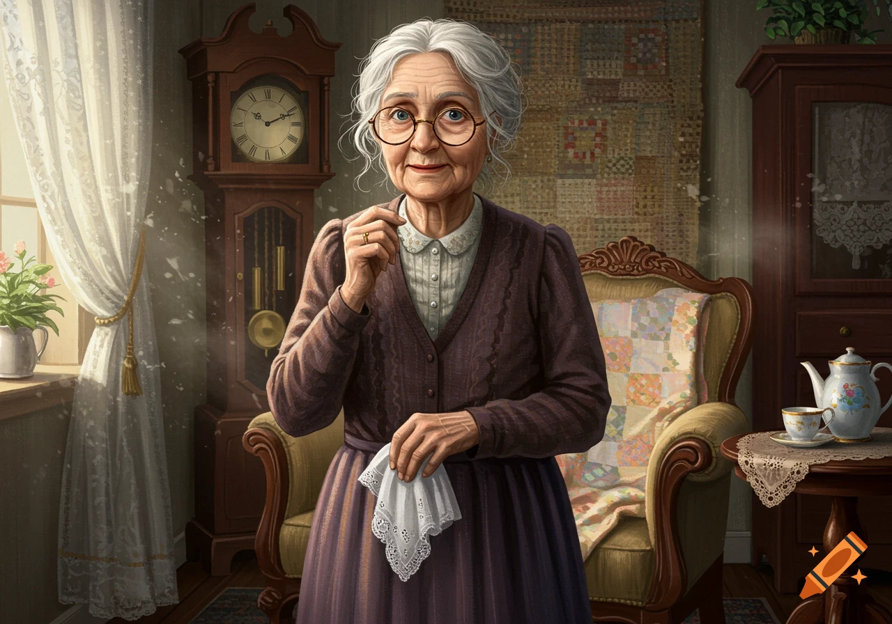 An elderly woman with white hair and glasses stands in a cozy, traditional room with a grandfather clock and armchair.