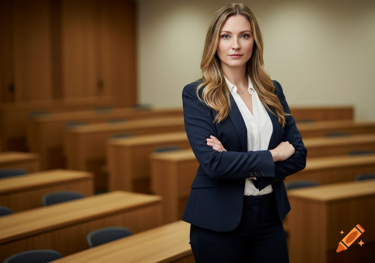 A photorealistic portrait of a professional woman in a navy suit, with long blonde hair, standing with crossed arms in a classroom.