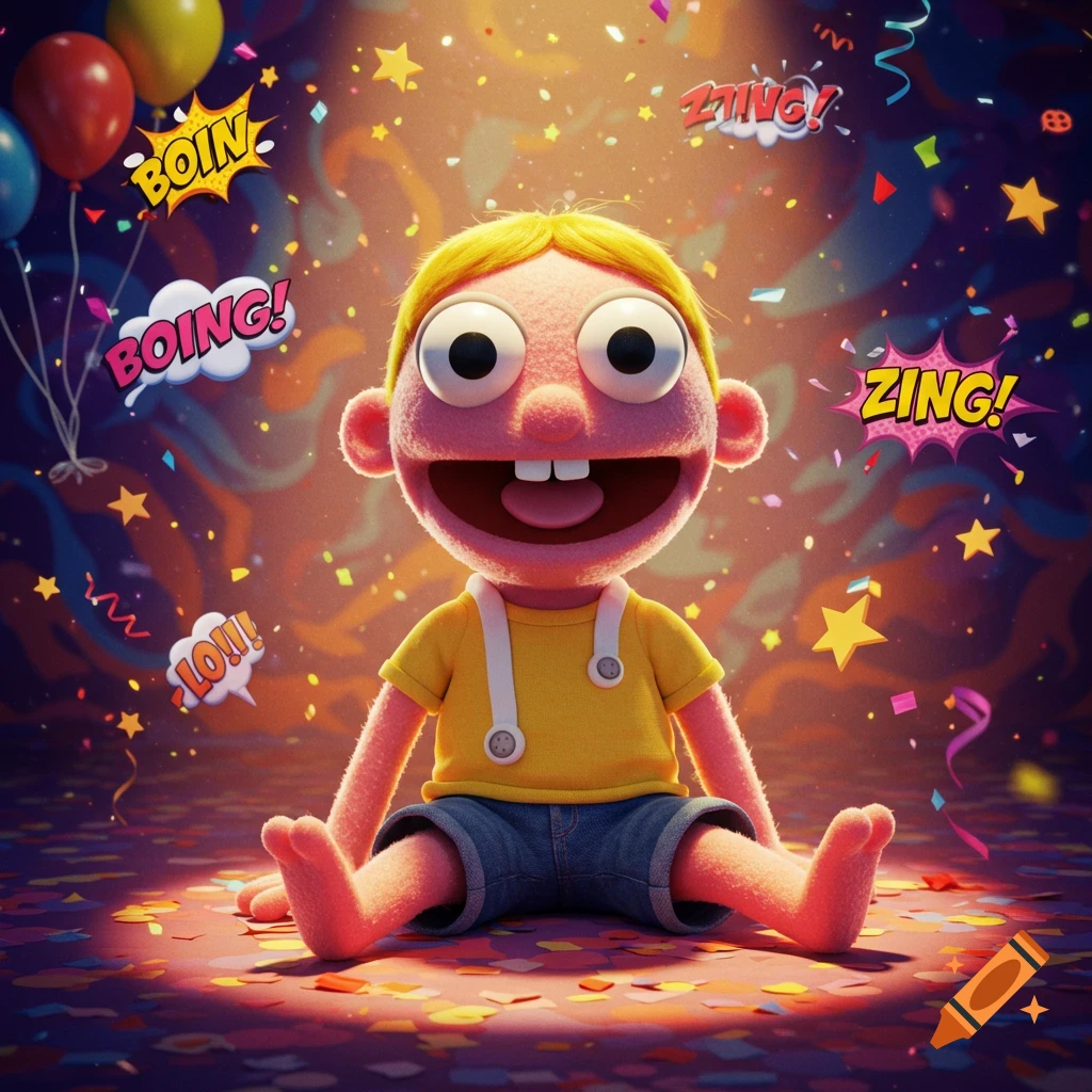 A happy, blonde puppet in a yellow shirt and denim shorts sits on a confetti-strewn floor with balloons and comic sound effects.