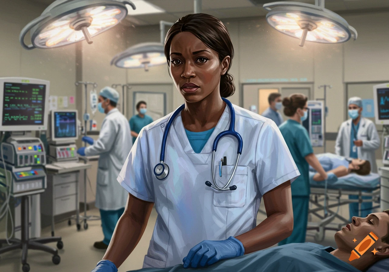 A detailed illustration of a concerned female nurse in scrubs and a stethoscope in an operating room with a patient and other medical staff.