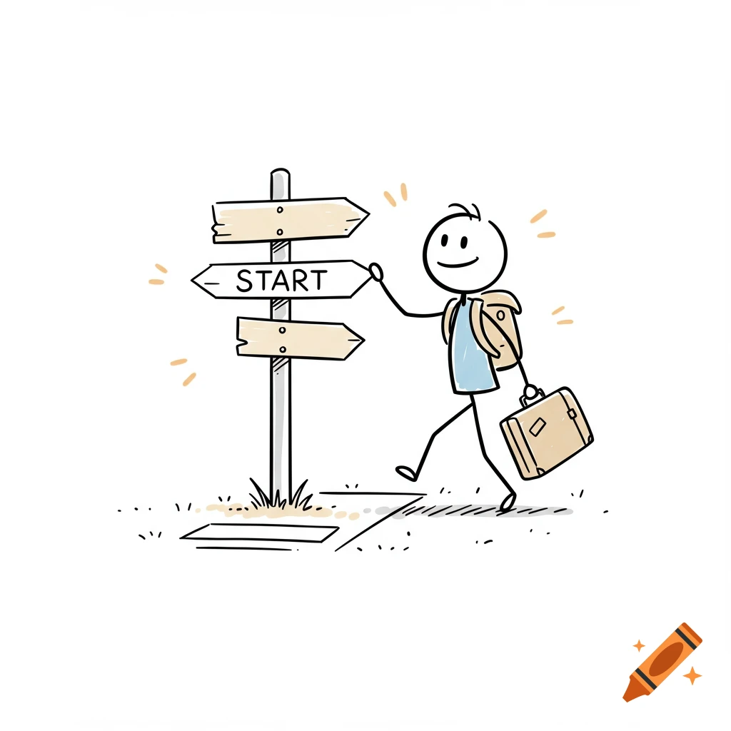 A smiling stick figure with a backpack and suitcase walks past a signpost pointing to 'START', illustrating a journey.