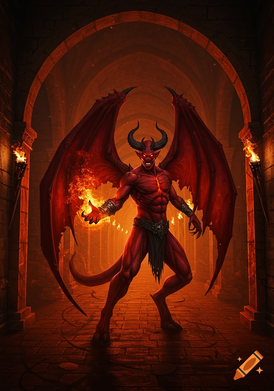 A red-skinned demon with horns and large wings casts fire in a dark, torch-lit stone hallway, fantasy art.