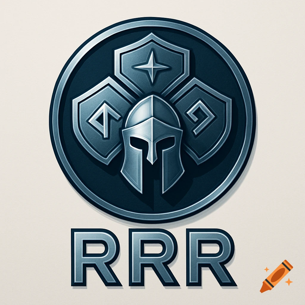 A metallic circular logo features a Spartan-style helmet and three shields, with the letters "RRR" below.