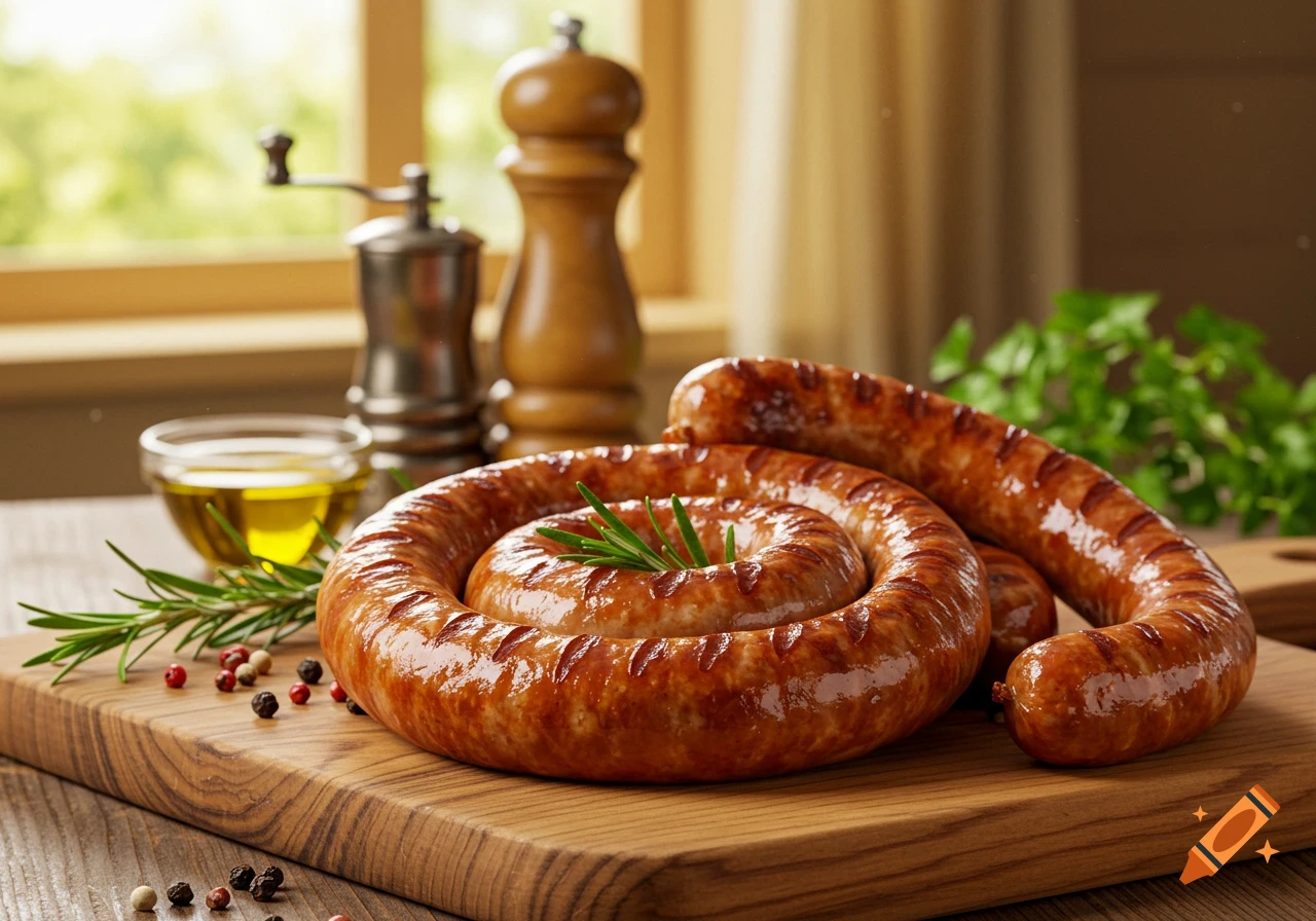Photorealistic image of grilled sausages, one coiled and one link, with rosemary, peppercorns, and olive oil on a wooden board.