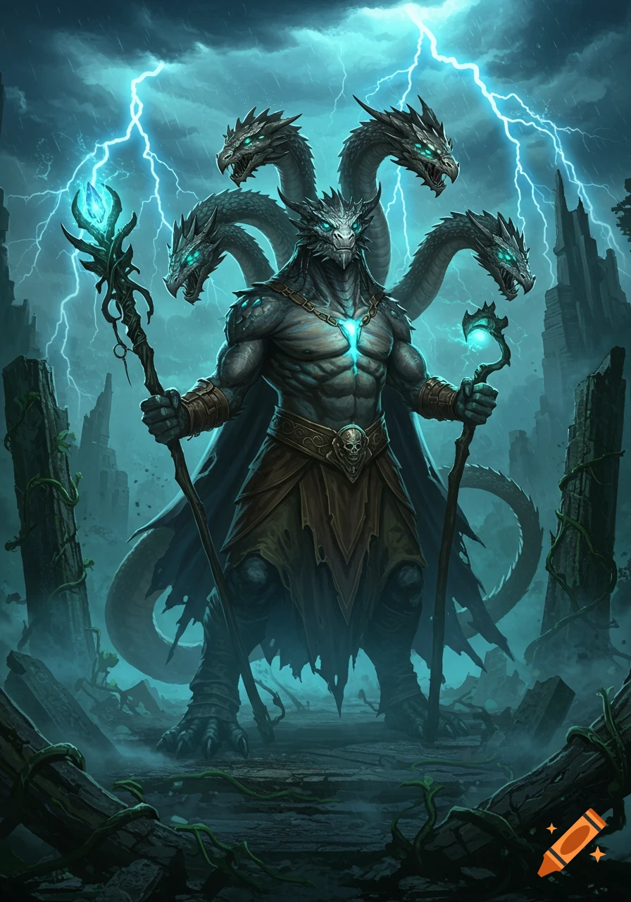 A powerful, multi-headed dragonborn-hydra beast stands in a stormy, ruined landscape, holding glowing staffs with lightning in the sky. Digital art.
