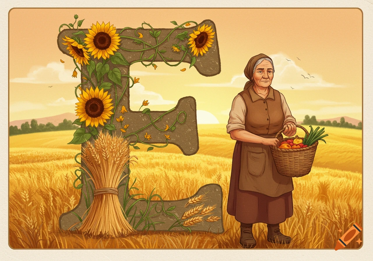 An illustration of a large, stone-like letter E adorned with sunflowers and wheat, next to an elderly rural woman holding a basket of produce in a golden wheat field.