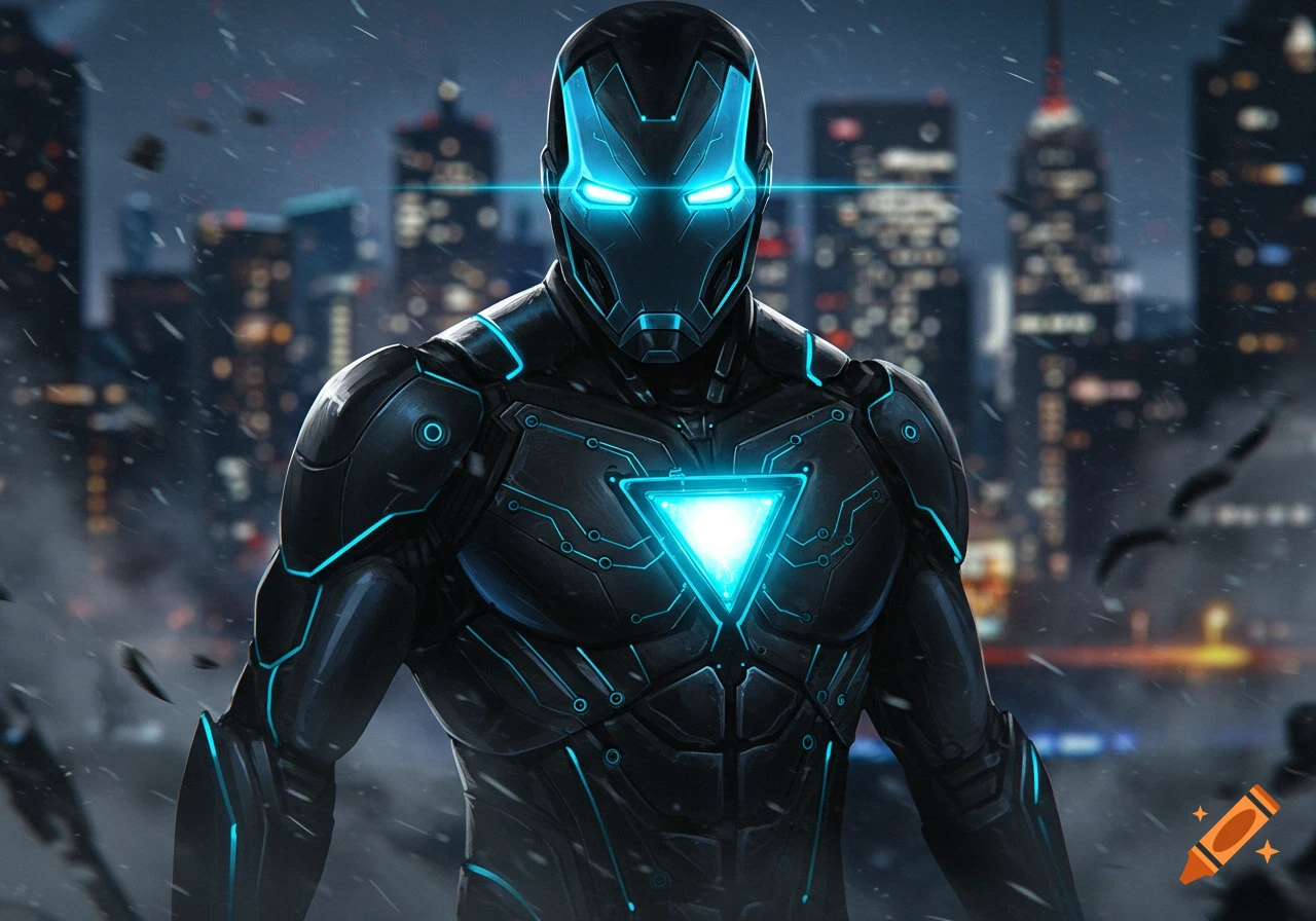 A futuristic black and blue superhero in armor with glowing blue eyes and a chest reactor against a blurry city night.