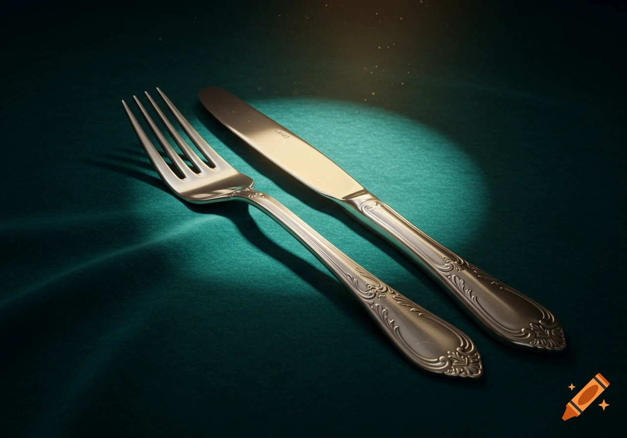 A silver fork and knife with ornate handles rest on a dark green tablecloth, illuminated by a spotlight.