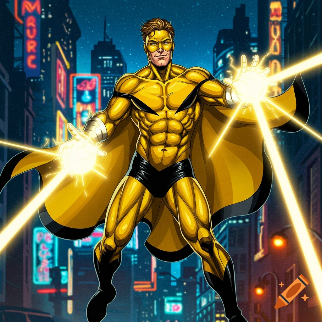 A superhero in a gold and black suit, emanating light from his hands, stands in a neon-lit city street at night.
