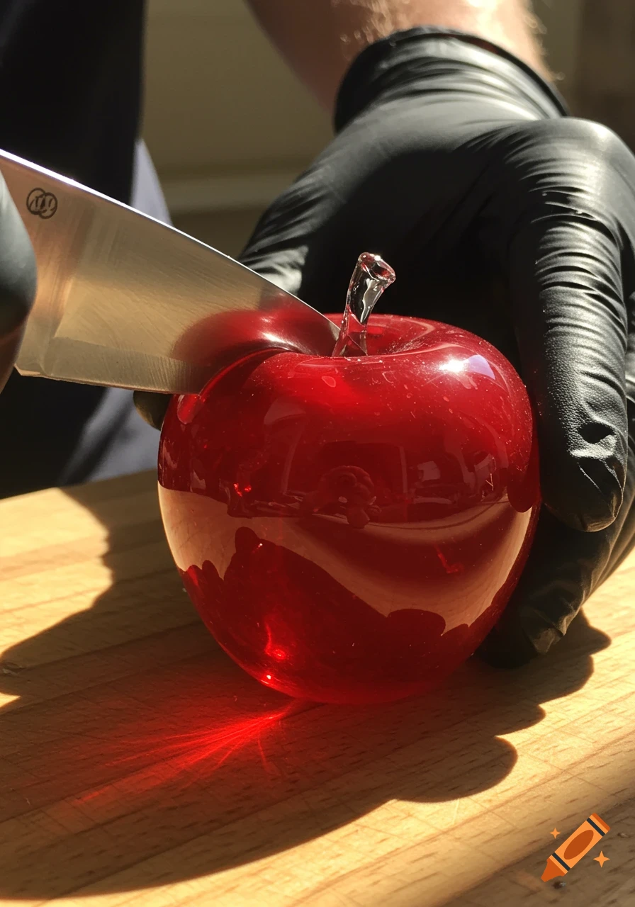 A person in a black glove holds a knife over a shiny red glass apple on a wooden cutting board, with sunlight casting shadows.