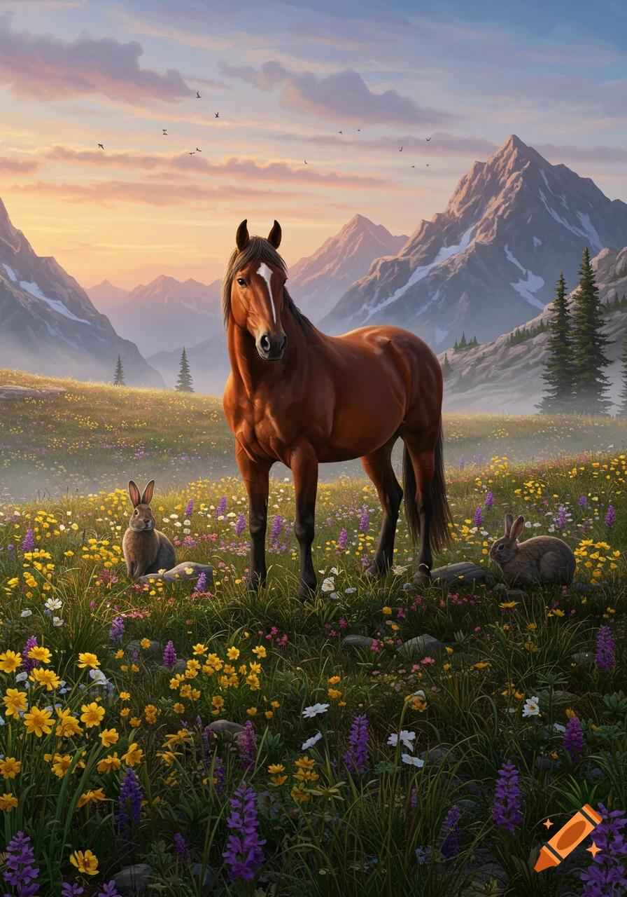 A brown horse and two rabbits stand in a vibrant mountain meadow filled with colorful flowers under a beautiful sunset sky. Digital painting.
