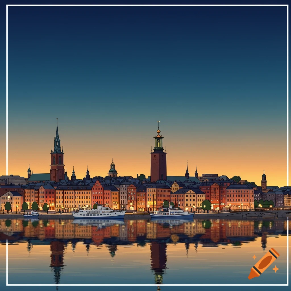 Vector illustration of the Stockholm skyline at sunset, with buildings and boats reflected in the water.