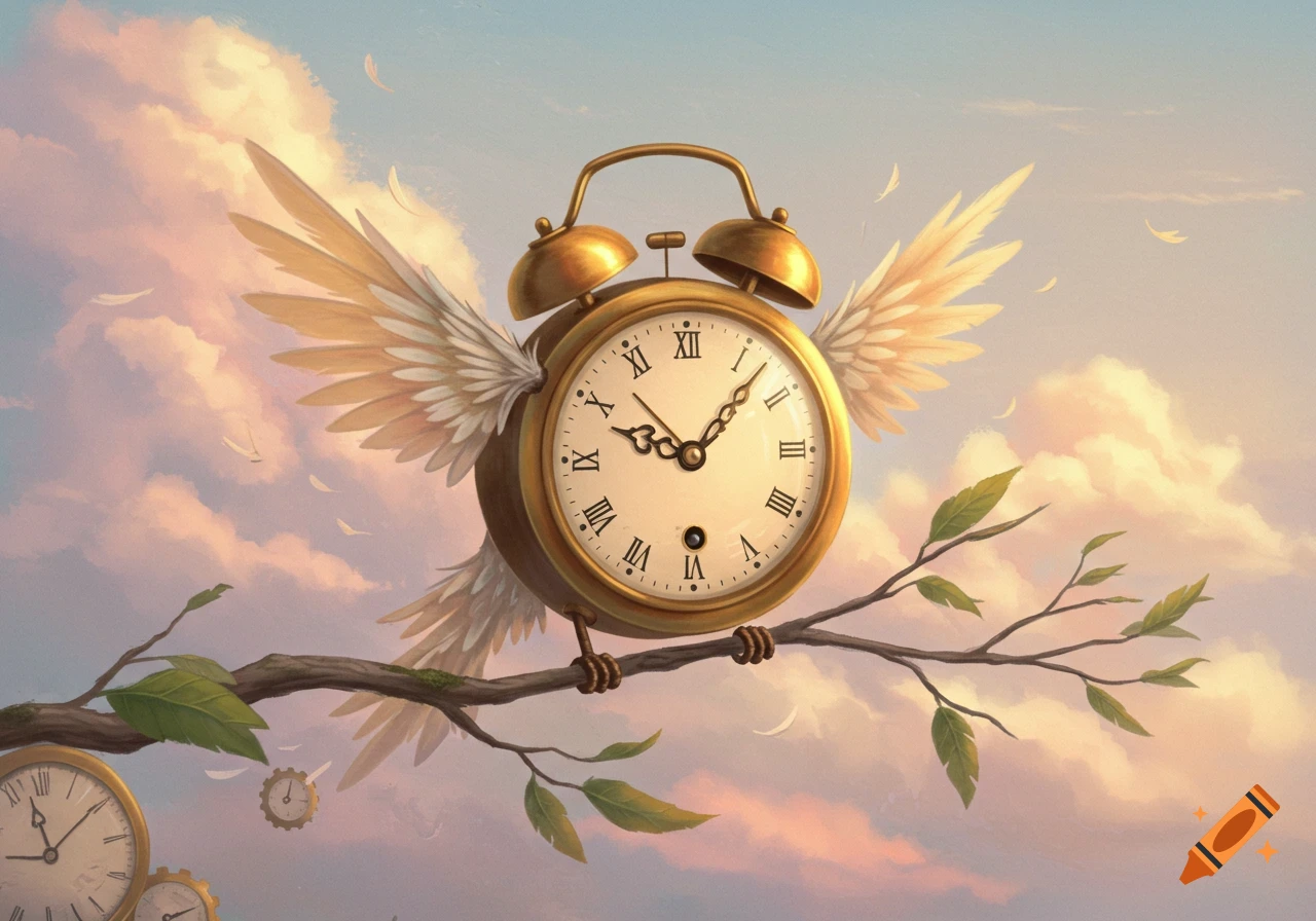 A golden alarm clock with white bird wings perches on a tree branch, floating in a pastel sky with fluffy clouds.