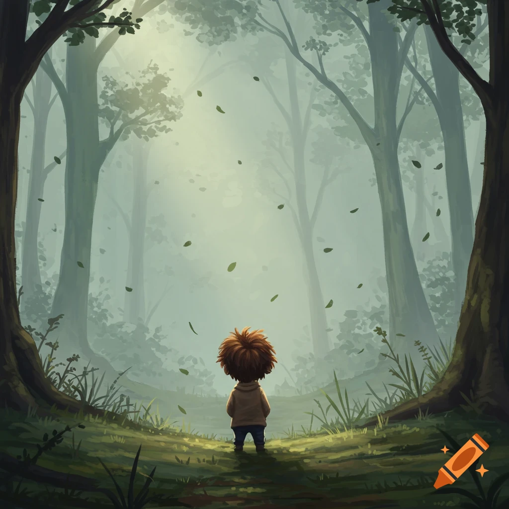 Stylized illustration of a small figure with messy brown hair, back turned, looking into a foggy forest with light filtering through trees and falling leaves.