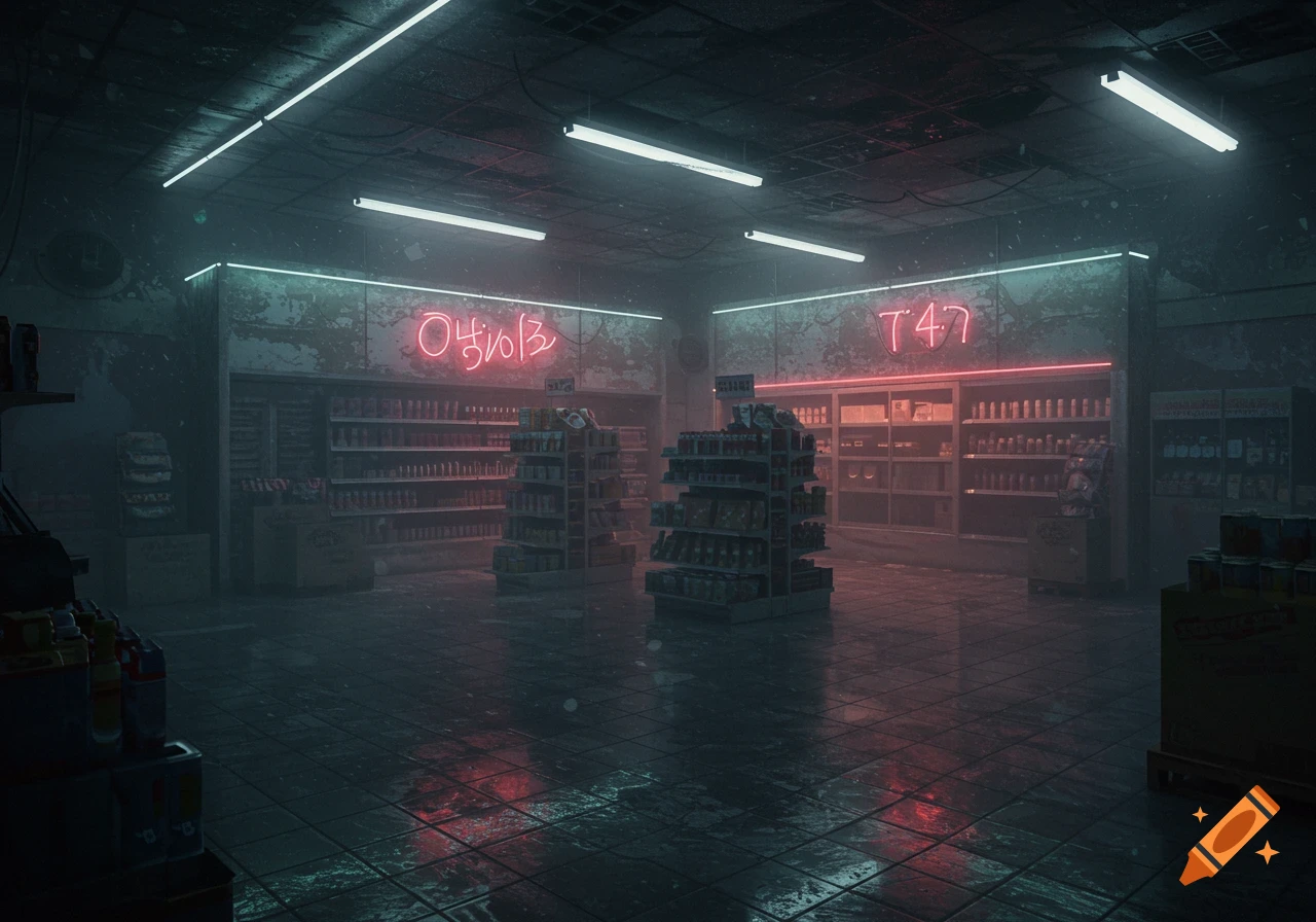 A dark, atmospheric convenience store interior with neon signs, wet tiled floors, and dimly lit shelves.
