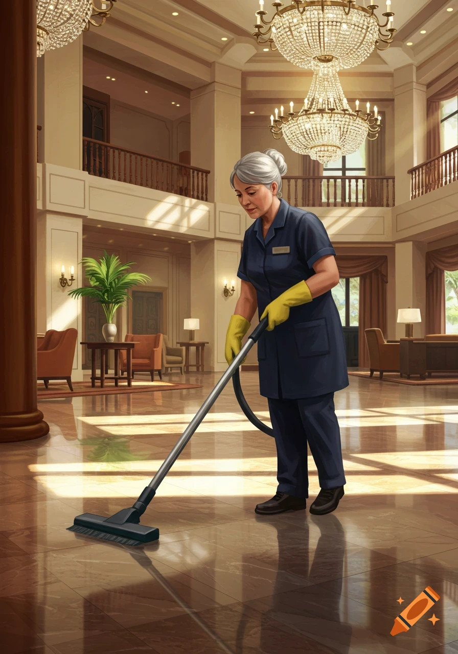 An older female cleaner in a uniform and yellow gloves vacuums a shiny marble floor in a grand, photorealistic hotel lobby.