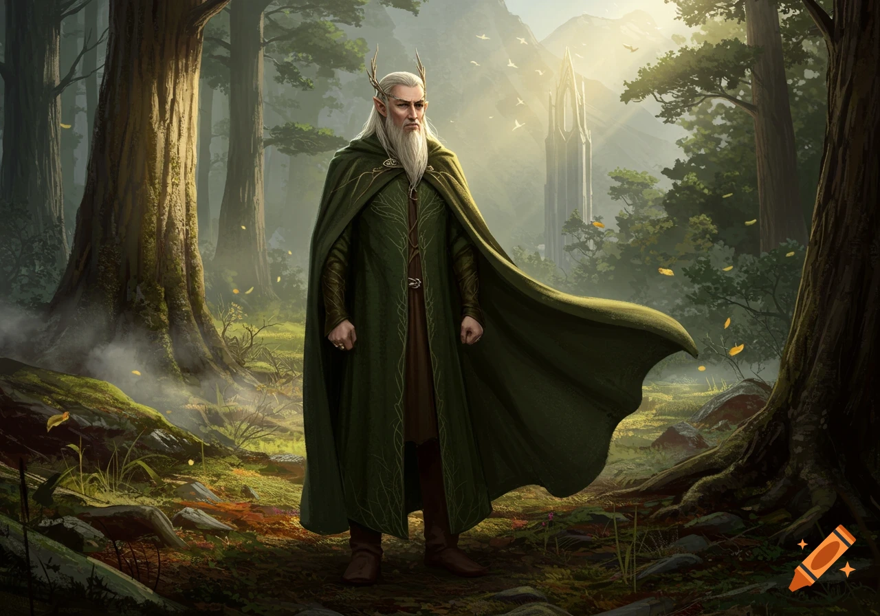 A regal elf-like man with long white hair and beard, wearing a green cloak, stands in an enchanted forest with a distant tower.