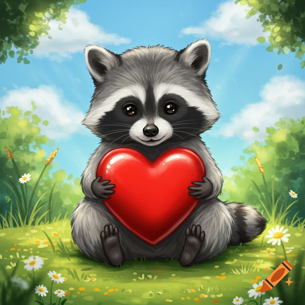 A cute cartoon raccoon sits in a grassy field with daisies, hugging a large red heart.