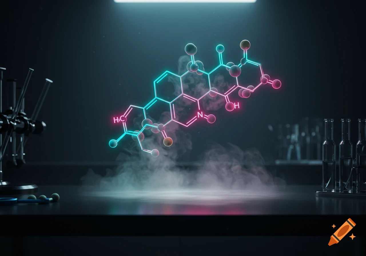 Glowing neon chemical structure floating above a smoky lab bench with test tubes and equipment, in a dark setting.