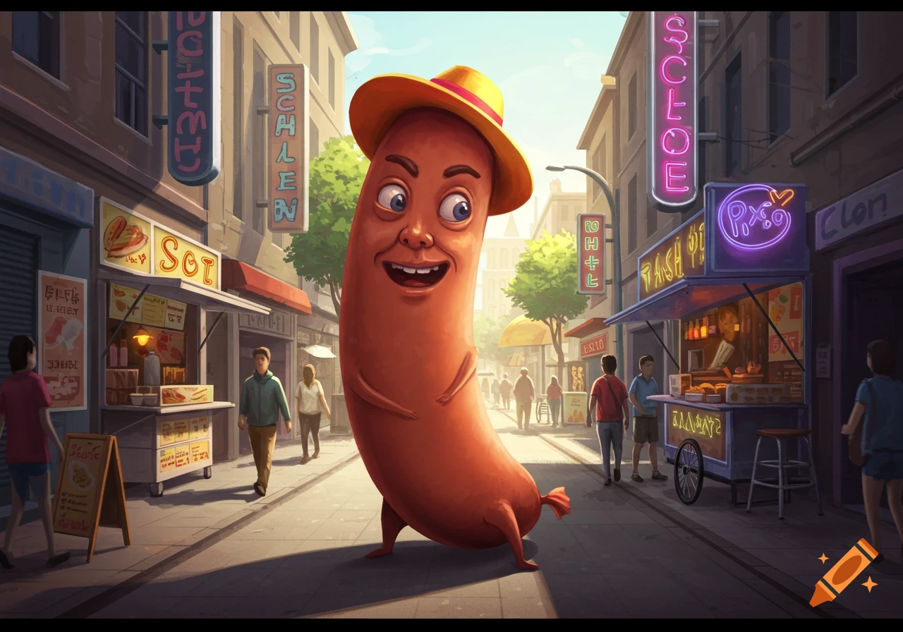 A cartoon hot dog with a human face and a yellow hat stands smiling on a bustling street with food stalls.